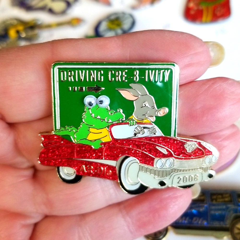 Glitter ENAMEL CONVERTIBLE CAR googly eyes Crocodile & PIG PIN